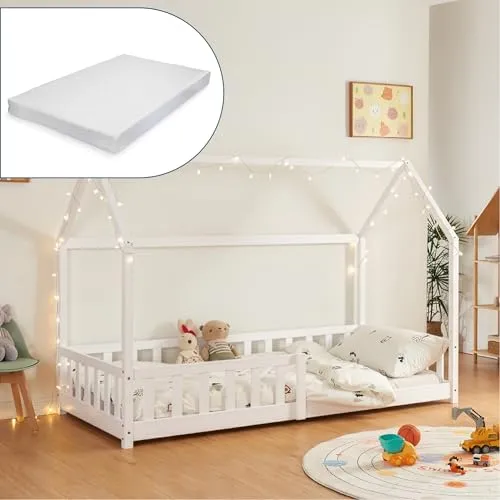 [en.casa] Kinderbett Hesel Hausbett mit Matratze 90 x 200 cm - Kleinkindbett aus robustem Kiefernholz in charmantem Hausdesign, inklusive Rausfallschutz und hochwertiger Kaltschaummatratze für optimalen Schlafkomfort.