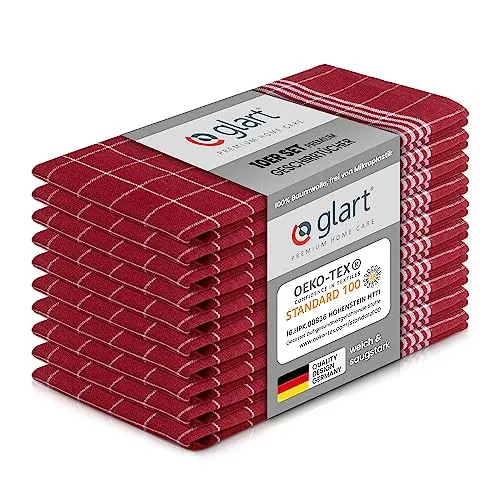 Glart 48RI2 10er Set Küchentücher 50x70 cm aus 100% Baumwolle in rot, OEKO-TEX Standard 100 zertifiziert, fusselfrei, waschbar, vorgewaschen für die Küche und Abwasch