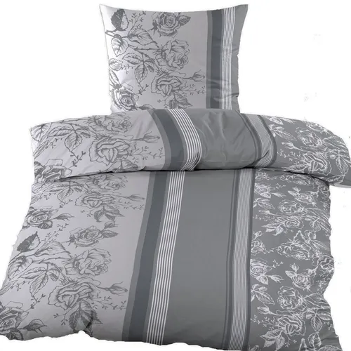 KH-Haushaltshandel Bettwäsche 2-tlg. Baumwoll Biber Winter Bettwäsche 135x200+80x80cm Blüten, Biber, 2 teilig, grau hellgrau, flauschig weiche, warme Winterbettwäsche