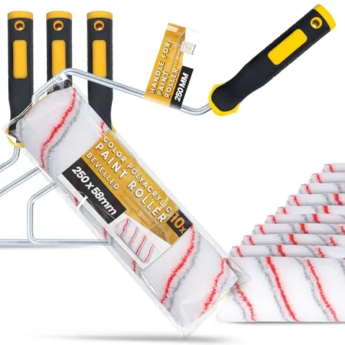10x Instalguru Malerrolle Farbroller 25 cm 8x58 mm Polyacryl Streichrolle Malerwalze Farbwalze Lackroller Ersatzrolle mit 3x Griff Streichen Malen Renovierung für Farbe Lackier
