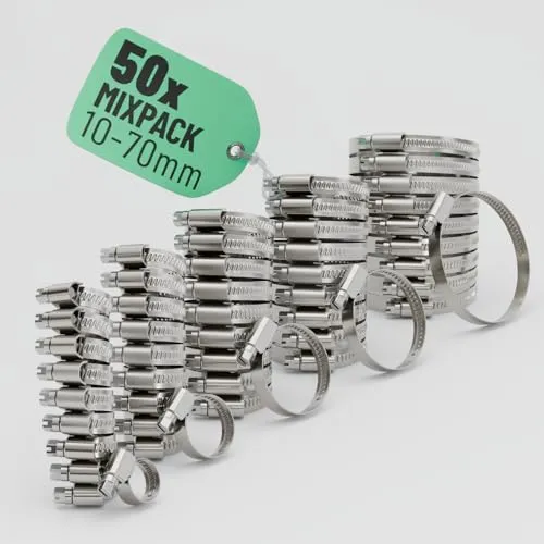greate 50er Schlauchschellen Set - Einstellbare Edelstahl Schellen - Schlauchfitting-Bandschellen aus rostfreiem Edelstahl 304, ideal für sicheres Befestigen ohne Auslaufen. Perfekt für Waschmaschinen, Aquarien und mehr.