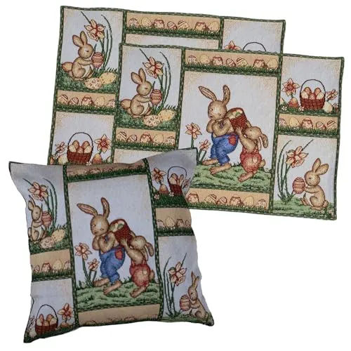 Gobelin Tischset 2er Pack Ostern Tischdeko mit Baumwolle Osterdeko Untersetzer Esstisch Deko Landhaus Typ884 Platzsets 33x46 cm Patchwork Osterhasen