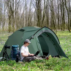 Outsunny Zelt für 2 Personen 190T Campingzelt mit Heringen Kuppelzelt Glasfaser Polyester Grau 325 x 183 x 130 cm Aosom