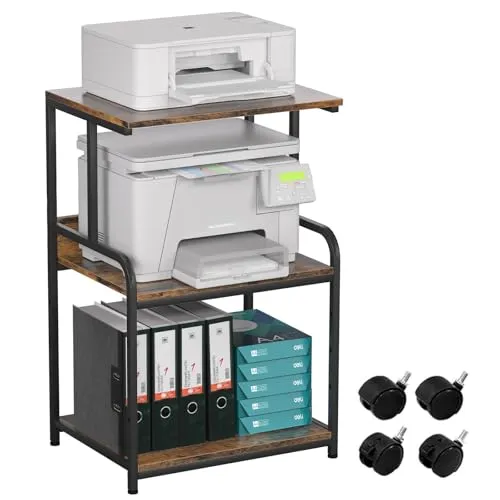 Huhote 3-stöckiger Druckerständer, Druckertisch mit Rollen, Metall Druckerwagen, Druckerregal für Büro, Zuhause, Schule und Arbeitszimmer, Druckerschrank für Fax, Kopierer, Scanner (Holzfarbe)