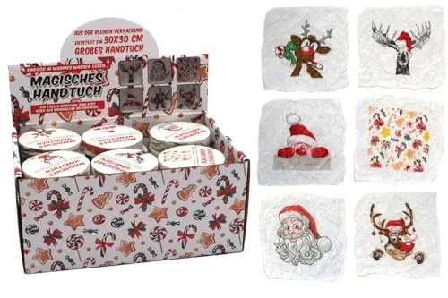 Annastore 6 x Magische Handtücher mit Nikolaus und Rentier - Handtücher mit witzigen Weihnachtsmotiven, die unter Wasser auf 30 x 30 cm anwachsen – perfektes Wichtelgeschenk und Gadget für den Adventskalender.
