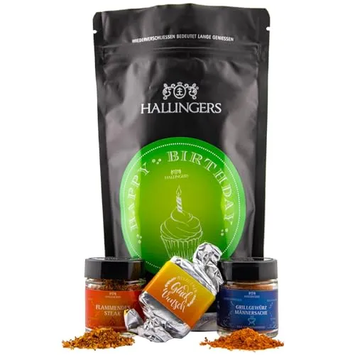 Hallingers Genuss Manufaktur Geschenkkorb Geschenkset – Feinkost Mix, Geburtstag Wundertüte Nougat Busserl, Steakgewürz & Grillgewürz Männersache 