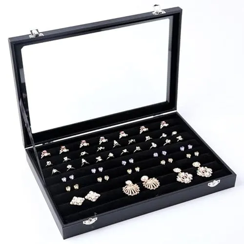 PIQIUQIU Schwarzes Ring Schmuck Aufbewahrungssystem Schmuckkästchen Glas Deckel - Ringhalter mit Klarem Glasdeckel für Ringe, Ohrringe und Manschettenknöpfe