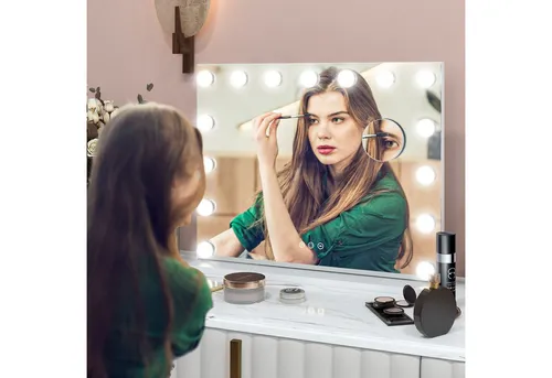 HOMCOM Hollywood Spiegel mit Beleuchtung - Tischspiegel mit 15 dimmbaren LED-Lichtern, USB-Ladeanschluss und 10x Vergrößerung für perfektes Make-up – ideal für Zuhause oder unterwegs.