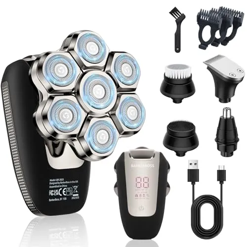BarberBoss Glatzen Rasierer Herren, Magnetischer Rotationsrasierer, 7D Glatzenrasierer für Männer, 5-in-1 Elektrischer mit LED-Display, Bart- & Nasentrimmer, All-in-One-Gesichtspflege-Kit, QR-2025