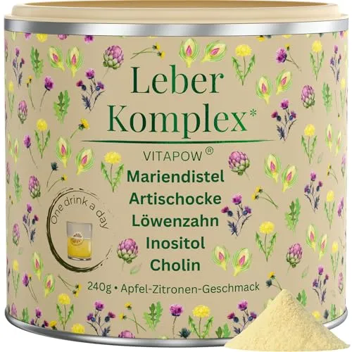 Leber Komplex Trinkpulver - Mariendistel, Artischocke, Löwenzahn - Pflanzliches Ergänzungsmittel mit hochdosiertem Cholin zur Unterstützung der Leberfunktion. Vegan und laborgeprüft, hergestellt in Deutschland. Genieße den natürlichen Apfel-Zitronen Geschmack!