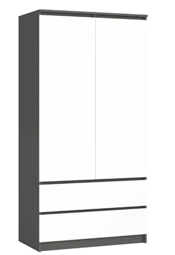 BDW Kleiderschränk 2 Türen, 4 Einlegeböden, Kleiderständer, 2 Schubladen, Garderobenständer, Schubladenschrank, Garderobenschrank für Schlafzimmer, Wohnräume, 180x90x51cm, (Grau/Weiß)