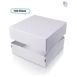 Große eckige Tortenkartons, 100 Stück, 328x328x108mm - Nachhaltige eckige Tortenkartons in Weiß, 100 Stück, ideal für Konditoreien und Bäckereien. Biologisch abbaubar und recyclebar – perfekt für umweltbewusste Gastronomie.