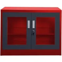 Jet-Line Werkzeugschrank UFA rot dunkelgrau - Robuster Werkzeugschrank mit abschließbarer Glasfront, ideal für Büro und Werkstatt. Anpassbarer Regalboden für individuelle Nutzung.