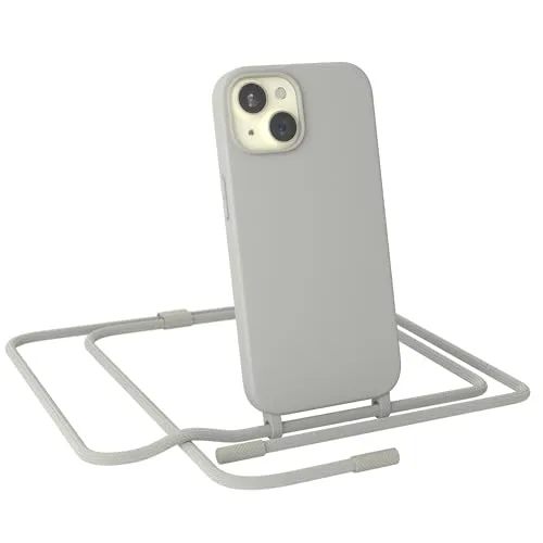 EAZY CASE - Handykette kompatibel mit iPhone 15 - dünne Handyhülle Hülle mit Band als Fallschutz Kette zum Umhängen stoßeste Hülle Silikon mit Mikrofaser in Taupe