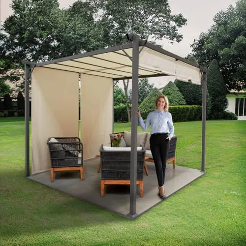 Grindi Garten Pergola Pavillon mit einstellbarem Stoffdach - Beige, 2,9x2,9m - Pavillons mit verstellbarem Dach für flexiblen Sonnenschutz und Wetterschutz, ideal für Gartenfeste oder entspannte Stunden im Freien.