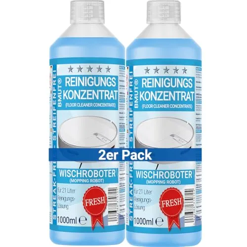 2x 1000ml Wischroboter Reinigungsmittel Konzentrat mit Frische-Duft & Dosierbecher | Streifenfrei & schaumarm | Saugwischer | Bodenreiniger