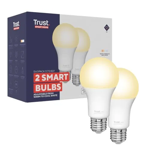 Trust WiFi E27 Smart Lampe, Dimmbar E27 LED Birne, Leuchtmittel für Alexa und Google Home, Kein Hub Erforderlich, 2.4GHz Glühbirne RGB, WI-Fi Lampe, Weiß - 2er-Pack [Energieklasse F]
