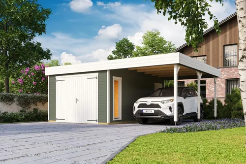 Garage Pultdach 44 mm Bahamas mit Holztor grün - Gartenhäuser, Geräteschuppen & Carports - Robuste Garage aus 44 mm starkem Holz mit abschließbarem Holztor und großzügiger Nutzfläche von 34,59 m², ideal für Autos oder als zusätzlicher Stauraum.