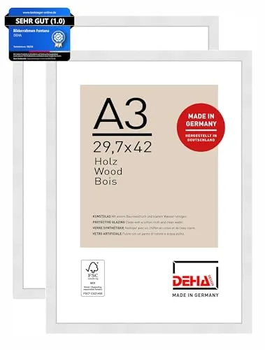 DEHA Design Bilderrahmen, 29,7 x 42 cm (A3) (2er Set), Holz, Weiß, Posterrahmen zum Aufhängen im Hoch- & Querformat, bruchsicheres Kunstglas, Fontana