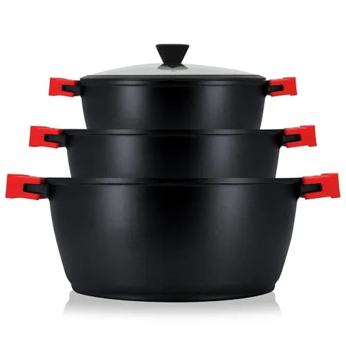 briebe Black Titanium Kochgeschirr-Set, 6-teilig - Topf- & Pfannensets: Umweltfreundliches Kochgeschirr mit PFOA-freier Antihaftbeschichtung, ideal für gesundes Kochen und alle Herdarten, inklusive abnehmbarer Silikongriffe für sicheren Halt.