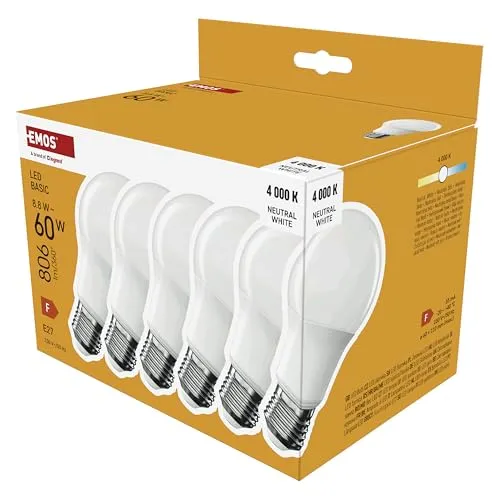 EMOS - LED-Lampe BASIC A60, 6er Pack - E27 Sockel - Neutralweiß - 806 lm - 8,8W (Ersatz für 60W Glühbirne) - Lebensdauer 20 000 Stunden - Abstrahlwinkel 200° - CRI min. 80