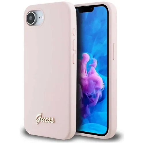 Guess Apple iPhone 16e Silikon Hülle mit Metal Logo - Stylische Rosa Hardcover-Hülle für Apple iPhone 16e, bietet perfekten Schutz und ist kompatibel mit MagSafe für einfaches Laden und Zubehör.