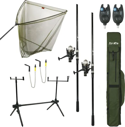 FISH-XPRO - Karpfenset -Improve Deluxe - 2 komplette Ruten - Karpfennetz - Rod Pod - Bissanzeiger