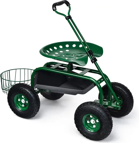 GOPLUS Gartenwagen mit 360° drehbarem Sitz und Stauraum - Multifunktionaler Gartenwagen mit höhenverstellbarem Sitz und großem Aufbewahrungskorb. Ideal für komfortable Gartenarbeit mit 4 drehbaren Gummirädern für optimale Beweglichkeit.