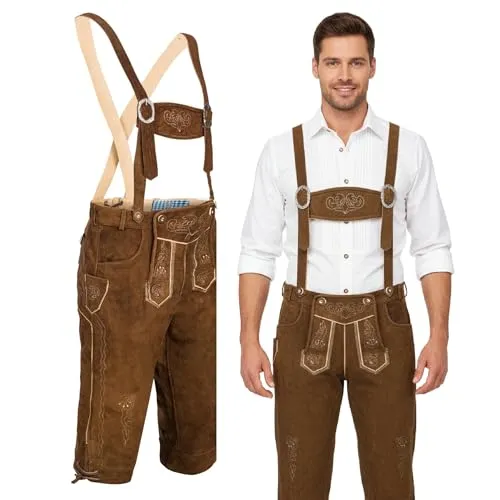 Herren Trachten Lederhose mit Träger Kniebund Trachtenlederhose Oktoberfest Tracht Hose Dunkelbraun Gr. 46-60 SK3 (54)
