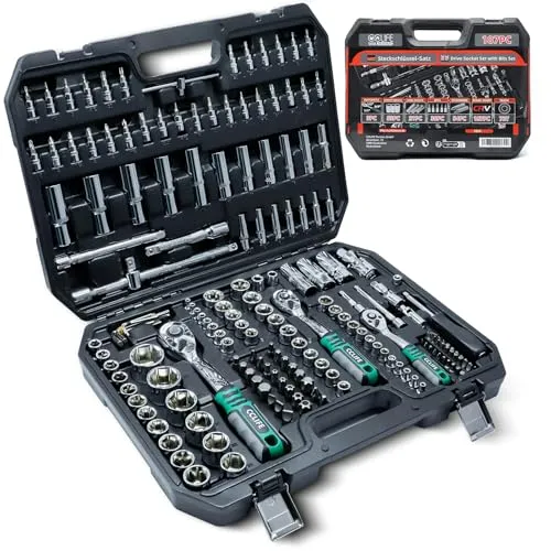 CCLIFE 187 tlg Steckschlüsselsatz Cr-V Ratschenkoffer - Vielseitiges Werkzeug-Set mit 187 Teilen aus hochwertigem Chrom-Vanadium-Stahl, ideal für präzise Reparaturen in Auto- und Heimwerkerprojekten. Robuster Koffer für einfache Lagerung und Transport.