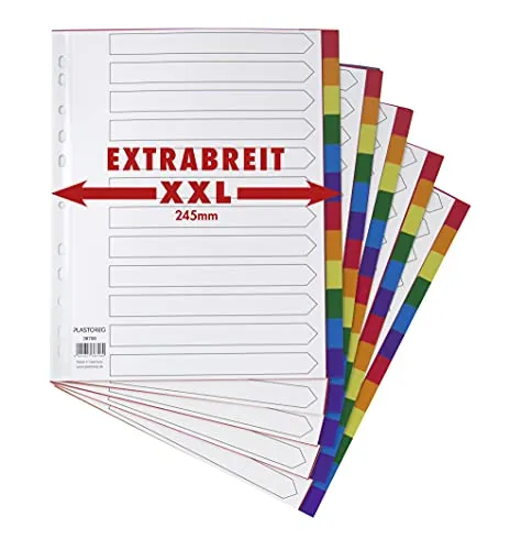5er Set XXL 12-teiliges Register/Trennblätter extra breit aus buntem stabilem PP, DIN A4+ mit Deckblatt aus stabilem Papier zum Beschriften. Trenn-Blätter überbreit für die Ordner-Organisation im Büro