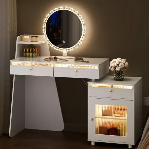 WOLTU Schminktisch mit Beleuchtung und rundem Spiegel, 3 Lichtfarben, Weiß