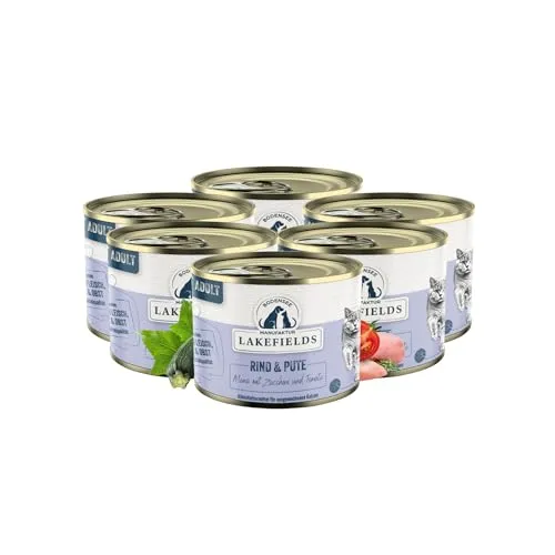 Lakefields Premium Nassfutter für Katzen | Rind & Pute 91% | Katzenfutter nass ohne Zucker und Getreide | 6 x 200g | Katzenminze, Zucchini & Tomaten | Hochwertige Rezeptur aus regionalen Zutaten