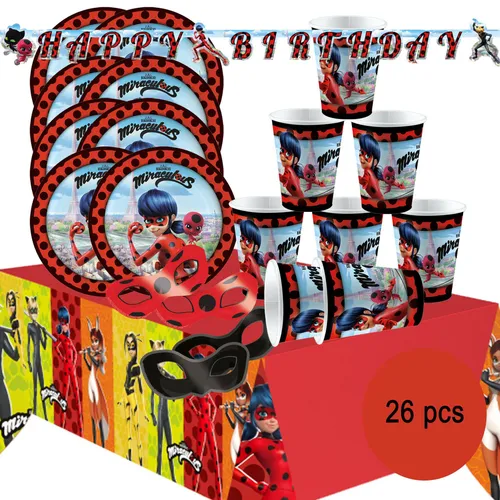 Amscan Miraculous Ladybug Party Deko Set - 54-teiliges Partyset für Kindergeburtstage, inklusive abwischbarer Tischdecke und Einladungskarten, perfekt für ein unvergessliches Miraculous Ladybug Erlebnis!
