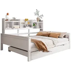 Ausziehbares Schlafsofa 140*200CM Massivholz, Ausziehbett 90*190CM, mit Staufach und Lattenrost, Kiefer Multifunktionsbett, Weiß - Weiß/Grau