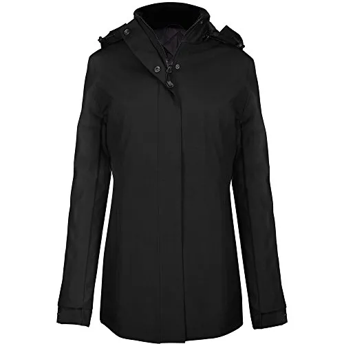 Kariban Damen Parka Winter Jacke Stepp Mantel XL Schwarz - Funktionsjacke mit abnehmbarer Kapuze und Fleece-Kragen, perfekt für kalte Tage. Hochwertiger Steppmantel aus 100% Oxford-Polyester, ausgestattet mit mehreren Reißverschlusstaschen.
