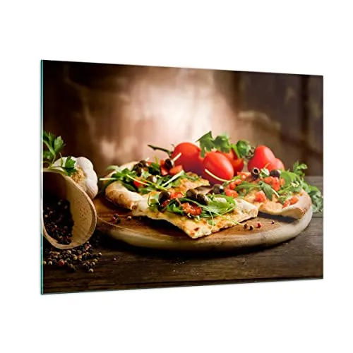 ARTTOR Bilder auf Glas 100x70cm Glasbild Pizza Vegetarier Italien Essen Groß Wanddeko Bild im Glas Schlafzimmer Küche Deko Wandbilder Dekoration Wohnzimmer Modern Wand Kunstdruck Art GAA100x70-2540