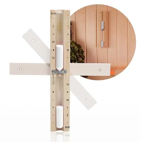 Suleno® Sauna Sanduhr 5-15 Minuten – Hitzebeständiger Zeitmesser aus Holz, Glaszylinder mit weißem Sand, Präzise für Sauna, Wellness und Dampfbad, Wandmontage