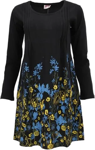 GURU SHOP Hippie Minikleid Boho Chic - Schwarz/Blau/Gelb, Damen Size:M - Stylisches Minikleid im Boho-Stil mit farblich abgesetzter Stickerei. Ideal für lässige Anlässe und bequem zu tragen. Bitte separat von Hand waschen.
