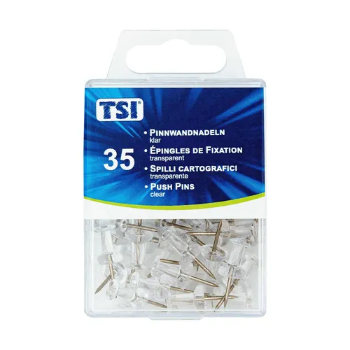 TSI Pinnwandnadeln Standard 35er Packung - klare transparente Nadeln, 23 mm lang, inklusive praktischer Aufbewahrungsbox