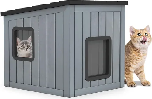 GOPLUS Katzenhaus Outdoor – Wetterfeste Katzenhütte mit 2 Türen