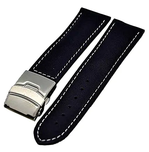 Uhrenarmband Glattleder Faltschließe 24mm blau + weisser Naht 3992