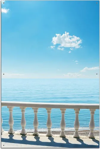 Wallario Outdoor-Poster Weite Aussicht über ruhiges Meer, 61 x 91,5 cm - Hochwertiges Poster für den Außenbereich mit UV- und Witterungsbeständigkeit. Ideal zur Verschönerung von Zäunen und Balkonen. Bereits mit rostfreien Metallösen ausgestattet für eine einfache Montage.