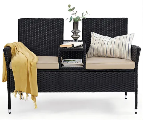 SONGMICS Terrassenmöbel mit Kissen, schwarz-taupe - Gartenmöbel-Set aus PE-Polyrattan, platzsparendes 2-in-1 Design mit Sofa und Tisch, ideal für Balkon und Terrasse, stabil und pflegeleicht.
