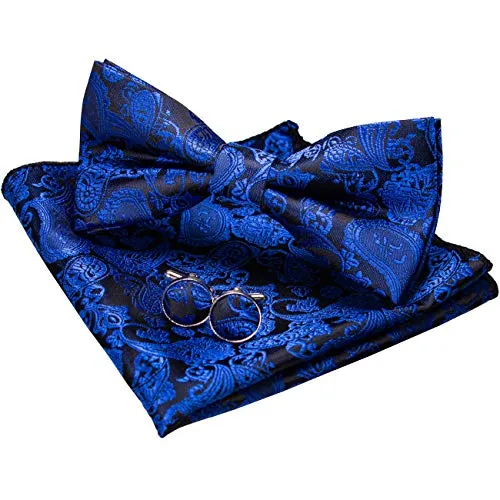 JEMYGINS Blau Paisley Fliege und Einstecktuch mit Manschettenknöpfe Sets für Herren (Blau2)