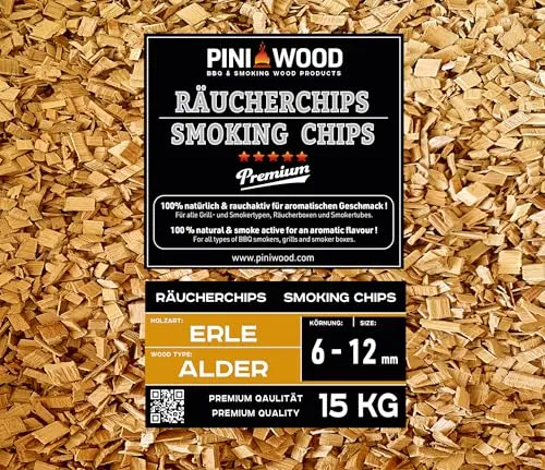 PINI Räucherchips Erle 15 Kg - FSC-zertifizierte Smoking Chips - Holz & Kohle - 100% Erlenholz für gleichmäßigen, langanhaltenden Rauchgeschmack, ideal für Grill, Pizzaofen und Smoker.