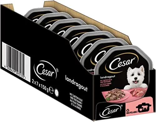 Cesar Hundefutter Nassfutter Landküche Kalb & Truthahn, 7 er Pack, (7 x 2 Schalen x 150 g)