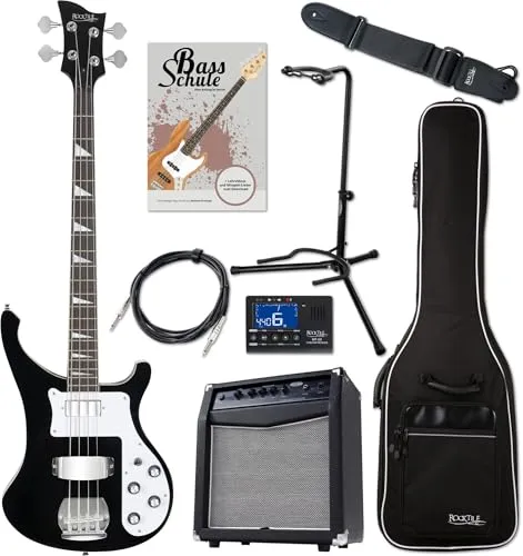 Rocktile Pro RB-400B Blackbird E-Bass Super Set - Gitarren Set mit 4-Saiter Longscale E-Bass und umfangreichem Zubehör, inklusive 60W Amp, Gigbag, Tuner und E-Bass Schule für Einsteiger.