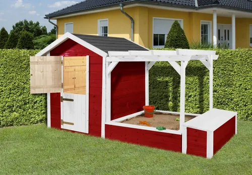 Weka Spielhaus Drachenhöhle Tabaluga Rot-Weiß - Spielhaus für Kinder mit Sandkasten und Pergola, ideal für drinnen und draußen. Die fröhliche rot-weiße Lasur sorgt für gute Laune, während die sicher gestalteten Fenster und Türen unbeschwertes Spielen ermöglichen.