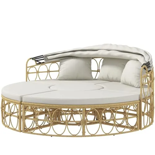 Outsunny Sonneninsel, 4-TLG. Muschel Gartenmöbel-Set mit klappbarem Verdeck, Zweisitzer, Bank, Couchtisch, Gartenlounge Set, Sitzgruppe für Outdoor, Creme